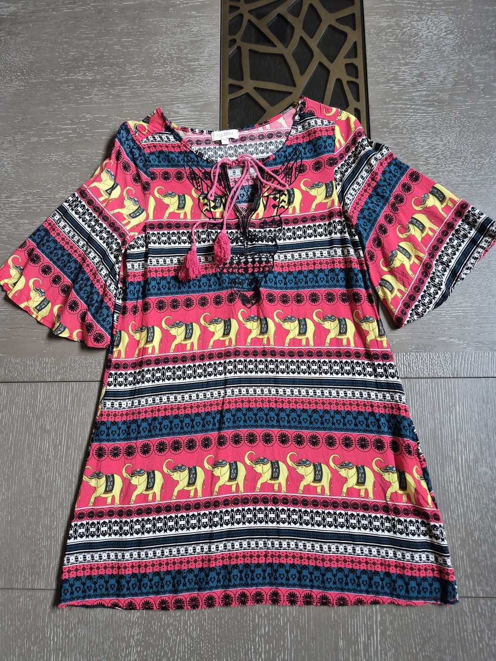 Velzera Pink & Teal Printed Tassel Peasant Top
